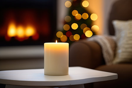 A beige candle stands on a white table. In the background, the fireplace is lit, the lights are on and there is a chair. The concept of winter Christmas minimalism.の素材