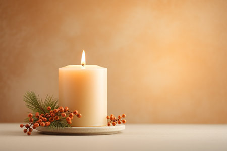A beige candle stands on a small stand with a decorative Christmas decoration on a beige background. The concept of winter minimalism.の素材