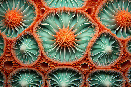 A pattern of green-orange circles in the style of corals. Abstract background of marine flora and fauna, aquatic and underwater world. Sea life concept.の素材