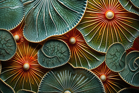 Green-orange leaves. Abstract background of marine flora and fauna, aquatic and underwater world. Sea life concept.の素材