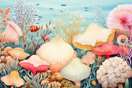 Colorful coral reefs, fish and seaweed. Abstract background of marine flora and fauna, aquatic and underwater world. Sea life concept.の素材