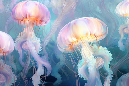 Painted colorful jellyfish. Abstract background of marine flora and fauna, aquatic and underwater world. Sea life concept.の素材