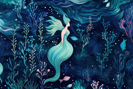 Painted mermaid and seaweed in dark green tones. Abstract background of marine flora and fauna, aquatic and underwater world. Sea life concept.の素材