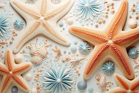 Beige and orange starfish and flowers Abstract background of marine flora and fauna, aquatic and underwater world. Sea life concept.の素材