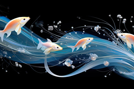 Painted fish in a blue wave on a black background. Abstract background of marine flora and fauna, aquatic and underwater world. Sea life concept.の素材