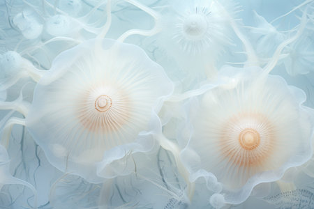 Gently white jellyfish. Abstract background of marine flora and fauna, aquatic and underwater world. Sea life concept.の素材