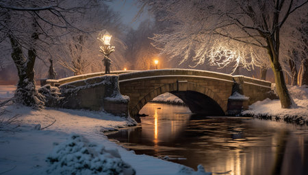 A bridge in a snow-covered park illuminated by street lamps in the evening.の素材