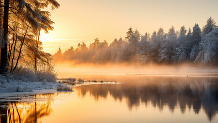 Winter sunrise over a lake surrounded by snow-covered trees and mist.の素材