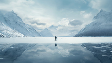 An adult person against the backdrop of snow-covered mountains and reflection in the water.の素材