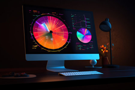 A computer with colorful charts and graphs on the background. Generative AIの素材