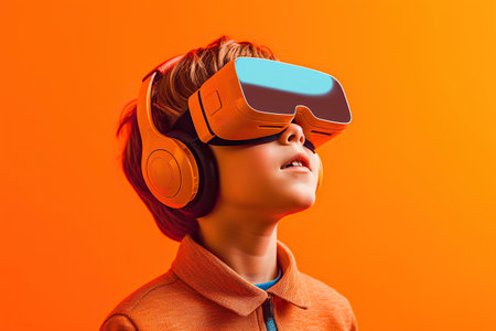 A young boy wearing a virtual reality headset. Generative AIの素材