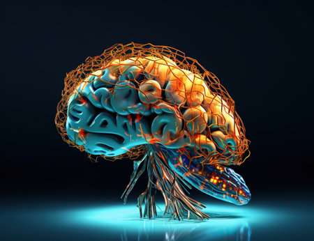 3d realistic cartoon drawing of a brain with wires showing it up on a dark backgroundの素材
