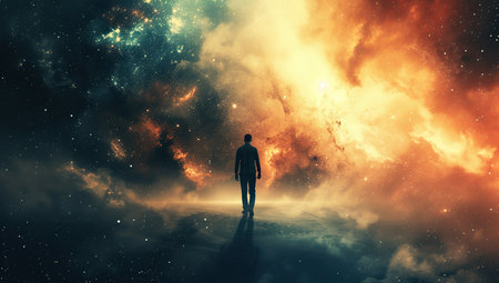 Figure of a person standing in front of a cosmic nebula. The concept of humanity and the universe.の素材