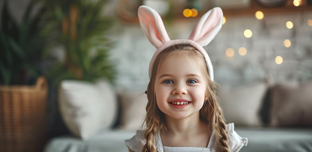 Girl with bunny ears, the concept of Easter celebration and child joy.の素材