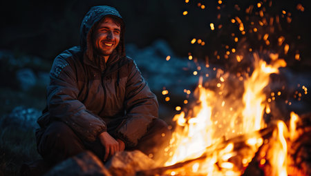 Young man by a campfire at night. The concept of camping.の素材