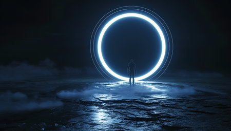 Silhouette of a person in front of a circular light portal. The concept of science fiction.の素材