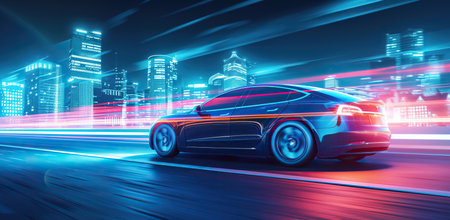 Sports car against the night city background. The concept of speed and future.の素材