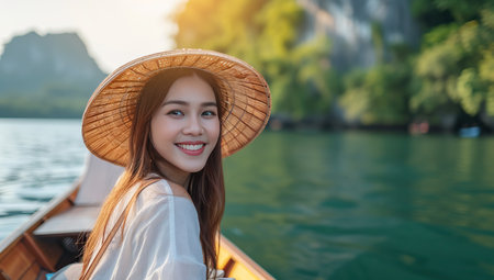 Young Asian woman in traditional hat on a boat. The concept of travel.の素材