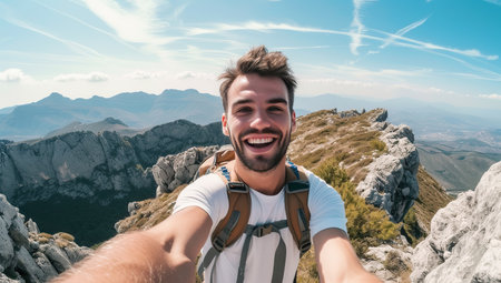 Young man taking a selfie against the mountains. The concept of adventure.の素材
