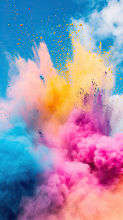 Bright explosion of colored smoke against the sky, the concept of the Holi festival.の素材