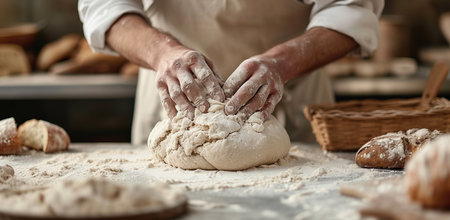 A person baker kneading dough in a bakery. The concept of artisanal production and culinary art.の素材