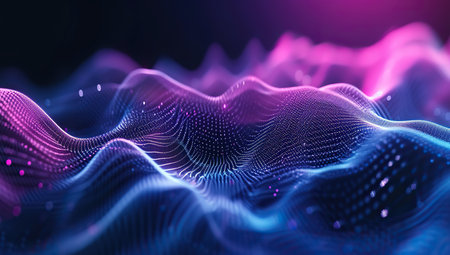 Abstract visualization of a digital sound wave with purple and pink hues. The concept of technology and digital art.の素材