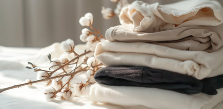 Stack of neutral-toned fabrics with cotton branches. The concept of naturalness and comfort.の素材
