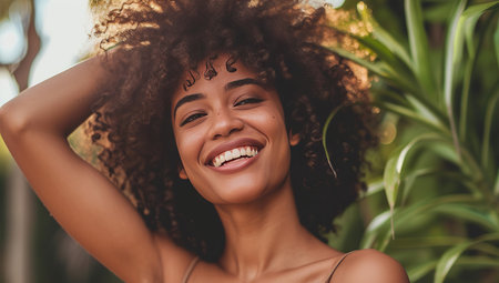 Smiling young black woman with curly hair against a backdrop of tropical plants.の素材