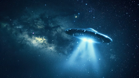 UFO emitting beams of light into space. The concept of extraterrestrial civilizations and contact.の素材