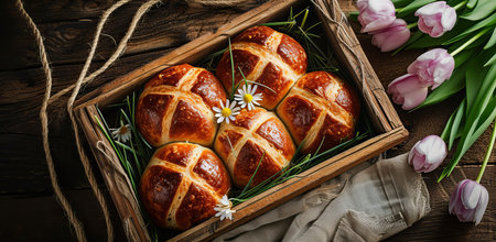 Easter bread in a wooden box with tulips. The concept of Easter celebration and spring renewal.の素材