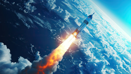 Rocket launching into space against the backdrop of Earth. The concept of space conquest and innovation.の素材
