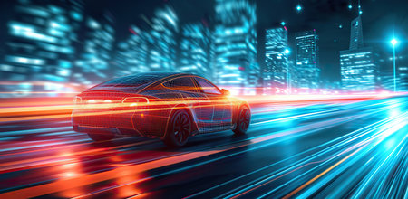 Silhouette of a car with motion lights against a night city background. The concept of future transportation.の素材