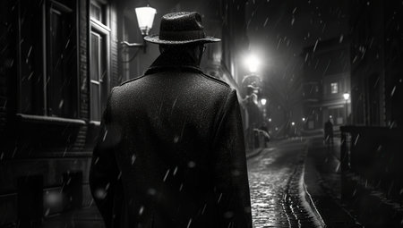 Figure of a person in a dark coat under the rain. The concept of mystery and intrigue.の素材