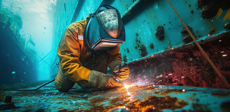 Welder in protective gear working underwater. The concept of extreme professions.の素材