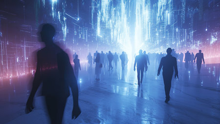 Silhouettes of people in digital space. The concept of social connectivity and network interaction.の素材
