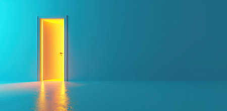 Open door to a bright room against a blue wall. The concept of opportunities and new beginnings.の素材