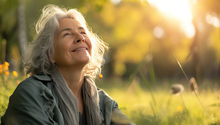 Smiling elderly woman enjoying the sunlight in the park. The concept of health and happiness in mature age.の素材