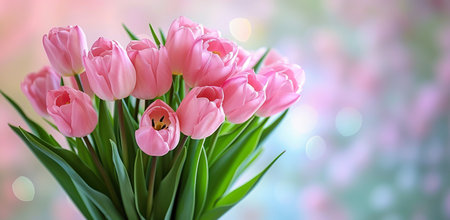 Pink tulips against a blurred colorful background. The concept of beauty and tenderness.の素材