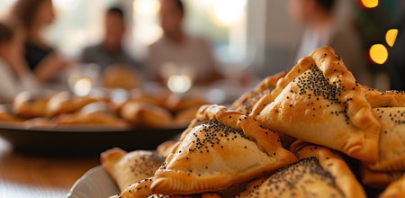 Light pastries with poppy seeds on a dish with a blurred background of people. The concept of homemade baking and family meals.の素材