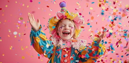 Child in a clown costume in the air with confetti. The concept of celebration and fun.の素材