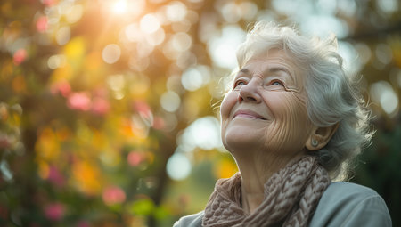 Elderly woman smiling against the backdrop of an autumn garden. The concept of gratitude and harmony with nature.の素材