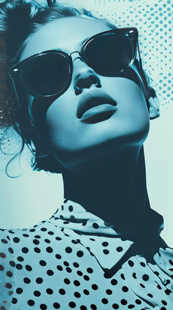 Woman in sunglasses and a polka dot dress. The concept of fashion and style.の素材