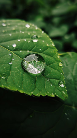 Water droplet on a green leaf. The concept of purity and ecology.の素材