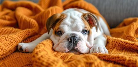 Young bulldog on an orange knitted backgroundの素材