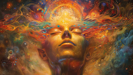 Human face in abstract patterns. Deep sleep and consciousness concept.の素材