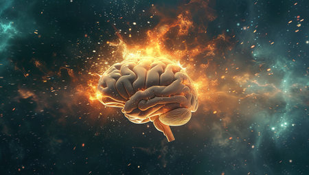 Brain on fire against a cosmic background. Creativity and ideas concept.の素材