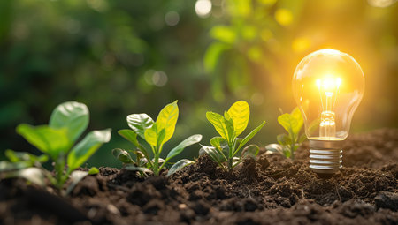 Electric bulb glowing against a backdrop of young green sprouts. The concept of sustainable development and innovation.の素材