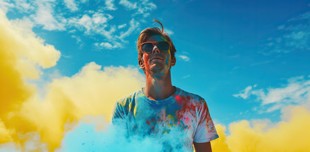 Young man with colorful powder at Holi festival, celebration and joy concept.の素材