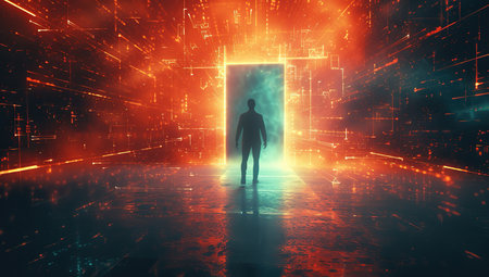 Silhouette of a person in front of a bright light portal in a dark space. Concept of travel and new dimensions.の素材
