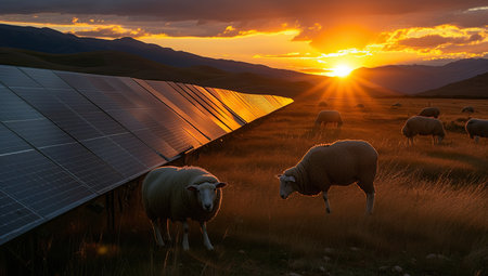 Sheep against the sunset and solar panels. Renewable energy and agriculture concept.の素材